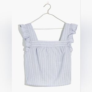 Madewell Striped Flutter-Sleeve Cross-Back Top xs $78 blue white